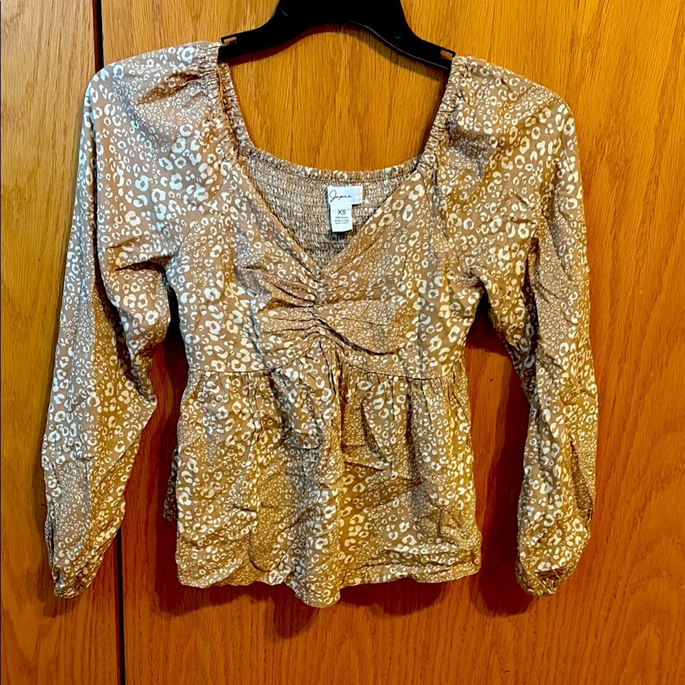 Japna Brown and Tan Smocked Tie Front Blouse